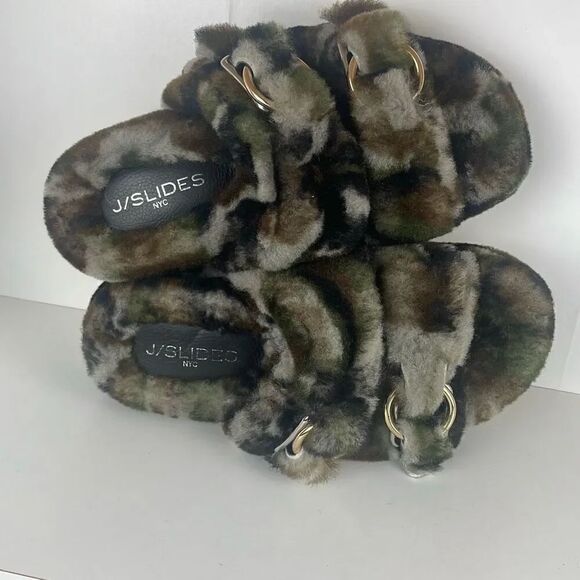 J/SLIDES Shoes - J/SLIDES Genuine Shearling 2 Strap Platform Slide Sandals camouflage 7